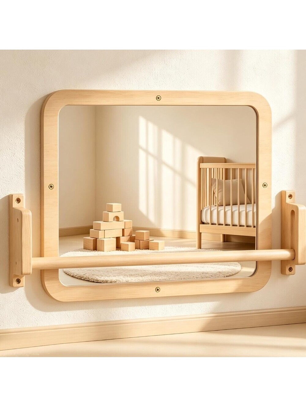 Montessori Baby Mirror Adjustable Pull-Up Bar Shatterproof Acrylic Wood Frame